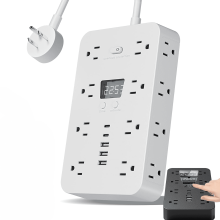 16-in-1 Power Strip w/ Surge Protection, 16 Outlets, 3 USB + 2 USB-C, ETL Listed, Digital Clock, Fireproof — Compatible with US Outlets