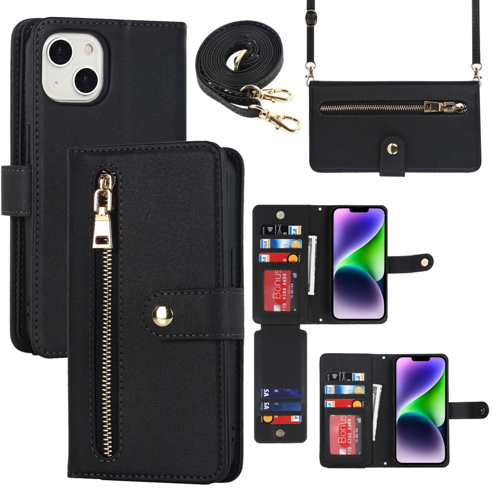 Compatible With Iphone 12/12 Pro Wallet Case Â Crossbody Zipper Phone Case With Rfid Blocking, Card Holder, Wrist Strap & Leather Purse Â Black 9341593621823