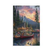 Tableau sur toile représentant une maison au bord d'un lac, avec un canoë rouge et un thème automnal (8 x 12 pouces).