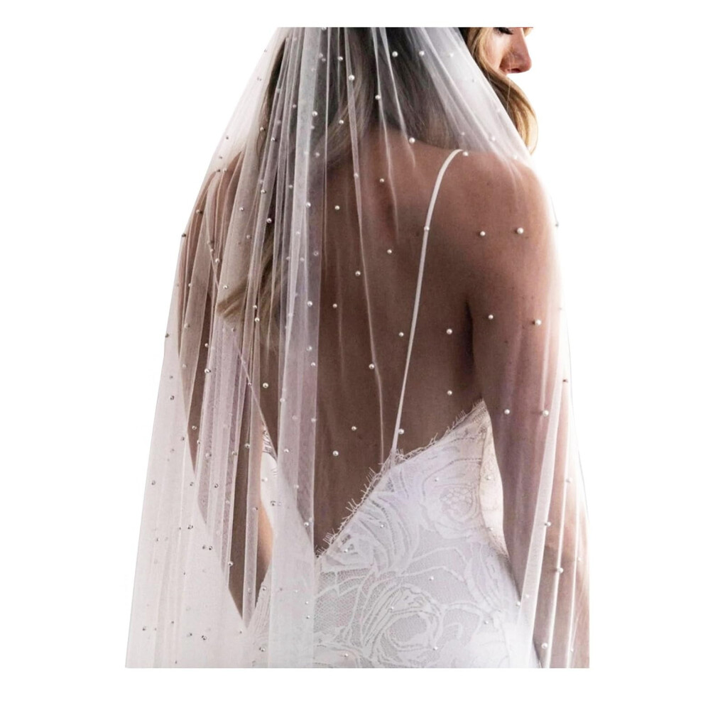 Elawbty 1 Tier Pearl Wedding Bridal Veil With Metal Comb F55, Chapel Length (230Cm/90Inch) Ivory