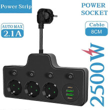 (Wall Charger Black) EU Plug Power Strip with 3 AC Outlets, USB Port, Type C Socket, Wall Charger for Home Office Network Filter Fast Charging