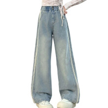 Winter Lined Denim Jeans for Young Ones and Older Girls - Thickened Loose Fit Straight Leg Wide Trousers with Elastic Waistband