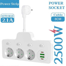 (Wall Charger White) EU Plug Power Strip with 3 AC Outlets, USB Port, Type C Socket, Wall Charger for Home Office Network Filter Fast Charging