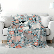 Whimsical Farm Animals Flannel Blanket – Soft Vintage Style, Horse/Cow/Pig, Light Blue/Pink/White Flowers, for Home, Picnic, Travel, All Seasons