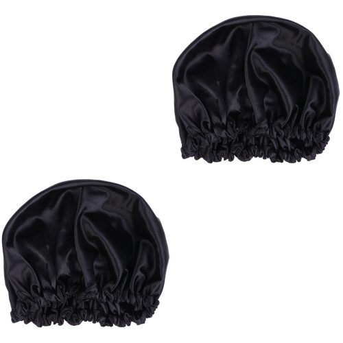 2Pcs Solid Color Black Sleeping Hat Women Soft Elastic Hair Cap 2