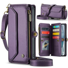 Purple Crossbody Wallet Case for iPhone 16 – RFID Blocking, 10-Card Holder, Soft PU Leather, Magnetic Snap, Shoulder Strap & Zipper Pocket
