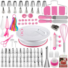 137-Pc Cake Decorating Kit with Turntable, Piping Bags & Russian Tips – Pink, Compatible with Standard Tools