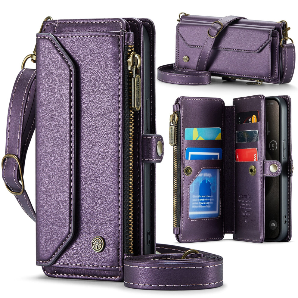 Allytechgroup Wallet Case For Iphone 16 Plus Â Shoulder Strap, Wrist Strap, Zipper Pocket, Card Slots, Rfid Blocking, Shockproof Purple 9193271974956