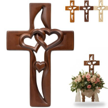 Hand-Carved Wooden Cross with Intertwined Hearts – Retro