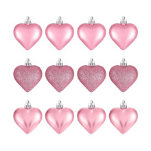12 Pcs Valentines Heart Ornaments Set, Pink Glitter Heart Shaped Baubles, Romantic Christmas Valentines Tree Hanging Decorations (Pink)