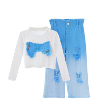 Girls' Blue 2-Piece Set: Long Sleeve Crop Top + Bowknot Distressed Ombre Jeans, Wide Leg, Polyester, Size 3-4T