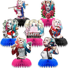 Lot de 7 centres de table en nid d'abeille 3D double face sur le thème Harley Quinn, décorations de fête d'anniversaire pour enfants.