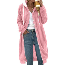 Cappotto da donna autunnale e invernale, spesso, di media lunghezza, double-face, con cappuccio in peluche.