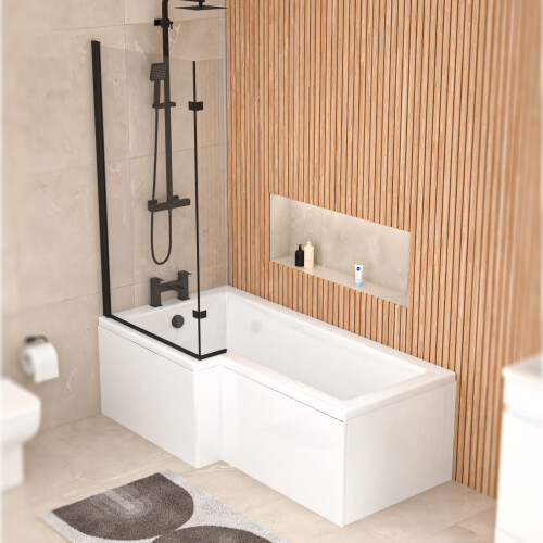 NES Home Nes Home Left L Shaped Shower Bath With Front End Panel & Matte Black Screen