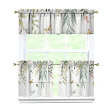Green Leaves 3-Piece Kitchen Curtains Set with Valance, Rod Pocket, Machine Washable (54"x18"+2x27.5"x24")