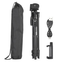 Tripod Cianrialtáin Gan Sreang Bluetooth le haghaidh Grianghrafadóireachta Soghluaiste, Seastán Ceamara Cóimhiotal Alúmanaim 3 Chuid le Gléas