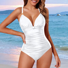 Monokini alb cu decolteu halter și accente aurii XL