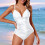 Monokini alb cu decolteu halter și accente aurii XL 1