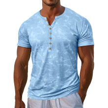 Herren Vintage Grafik T-Shirt Slim Fit Henley-Ausschnitt Blau S