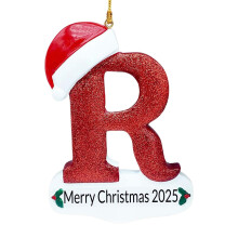Christmas Letter Ornaments 2025,Personalized Initial White Glitter Letters Hat Ornaments,Merry Christmas Pendant for Xmas Tree Wedding Home Decor (R)