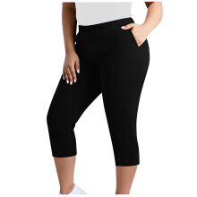 Női plus size capri nadrág zsebekkel, rugalmas pántos, kényelmes, rövidített nadrág nőknek, karcsúsított szabású, fekete, L-5X, 3XL méret