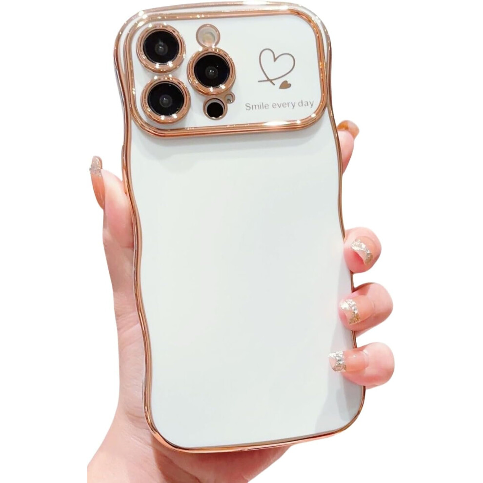 Cute Wave Frame Iphone 13 Pro Max Case For WomenâLove Heart, Raised Camera, Luxury Plating, Shockproof (White) White 9165521778539