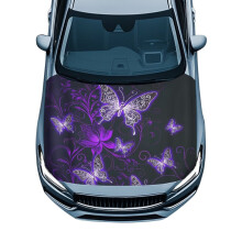 Car Hood Cover Waterproof Purple Butterfly Engine Cover Stretchable Polyester Automotive Exterior Accessories for Most Sedans SUV Trucks Pickup
