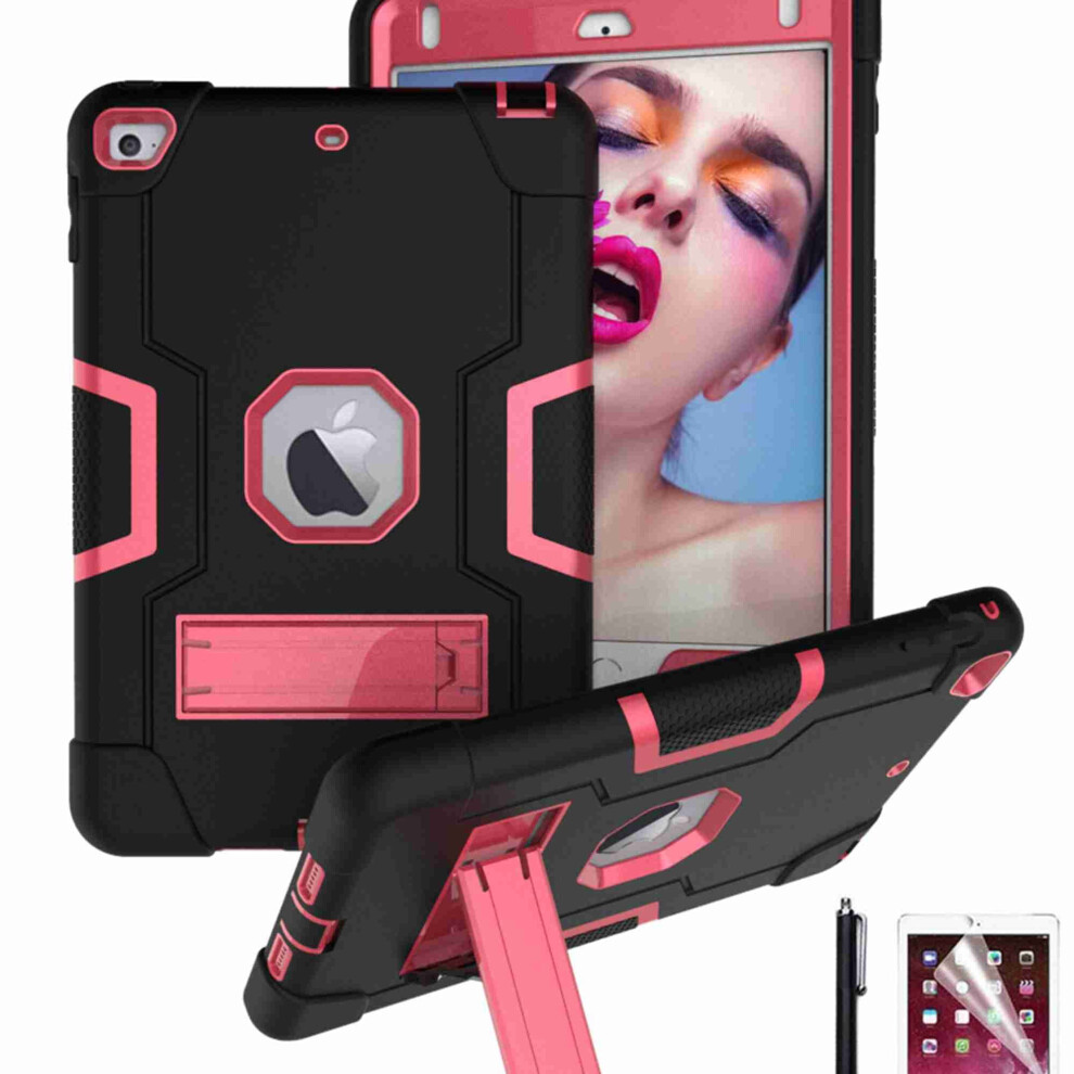 Compatible With Ipad Mini 5 (2019) & Mini 4 (2015), 7.9", Shockproof 3-Layer Rugged Case With Kickstand & Hd Screen Protector, +Rose Black 9341593630399