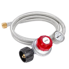 Adjustable High Pressure Propane Regulator with Gauge, 5-Foot Stainless Braided Hose for Outdoor Cooking