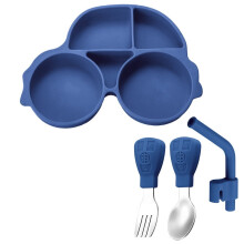 Assiette compartimentée en silicone en forme de voiture avec cuillère, fourchette et paille en acier inoxydable – Convient aux tout-petits et aux