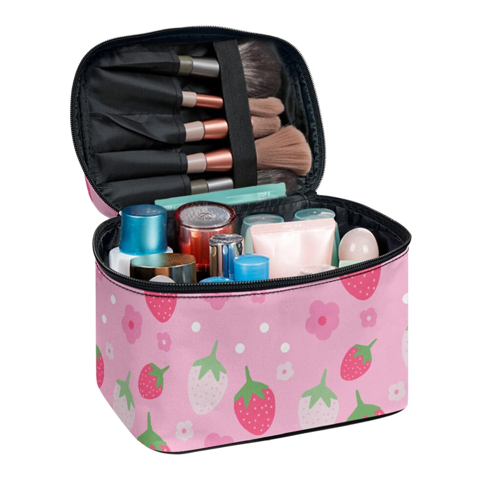 Travel Make up Bag Strawberry Floral Pattern Double Zip Handy Travel Accessories Organizer Zipper for Girls