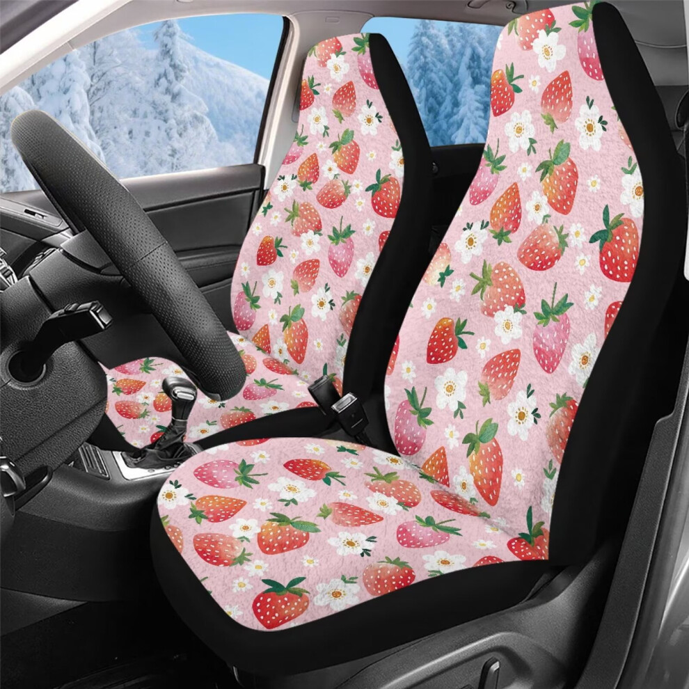Fluffy Fur Car Seat Covers 2-Pack, Strawberry Print, Velvet, Universal Fit For Most Cars & Suvs, Compatible With All Models Coral 9405492409422