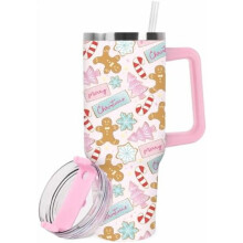 1 st. 40oz rosa julmugg med handtag, lock och sugrör – vintermugg i rostfritt stål för iskaffe, festgåva – kompatibel med