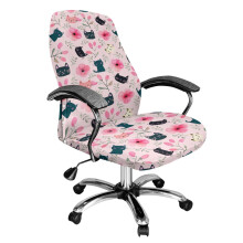 Cat Flower Print Office Chair Cover, Removable Computer Chair Slipcovers with Elastic, Universal Rotating High Back Seat Cover Pink