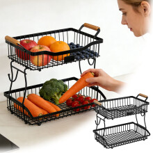 2 Tier Fruit Basket For Kitchen Counter, Countertop Metal Bread Basket With Wooden Handle, Large Storage Stand For Vegetables, Snacks, Eggs– Black