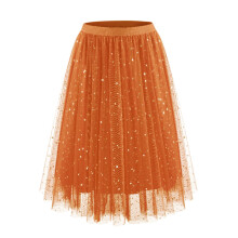 Women's Sequin Puff Mini Skirt Orange Elastic Waist L