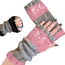 Women's knitted cat fingerless gloves, winter cozy knit