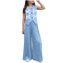 Girls 2-Piece Matching Set: Sleeveless Bow Top & High-Waist Pleated Pants, Kids Little Kids Casual Party Outfit 2-9 Years, Light Blue,Size 4-5T