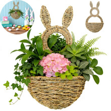 Cesta colgante tejida con forma de conejito de Pascua, 38 x 22 cm, estilo abierto. Decoración de puerta de ratán para ramos y dulces. Decoración