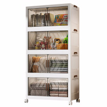 4-Tier Stackable Storage Bins with Doors, Wheels & Foldable Design – Clear Plastic Closet Organizers (Compatible with Home/Office)
