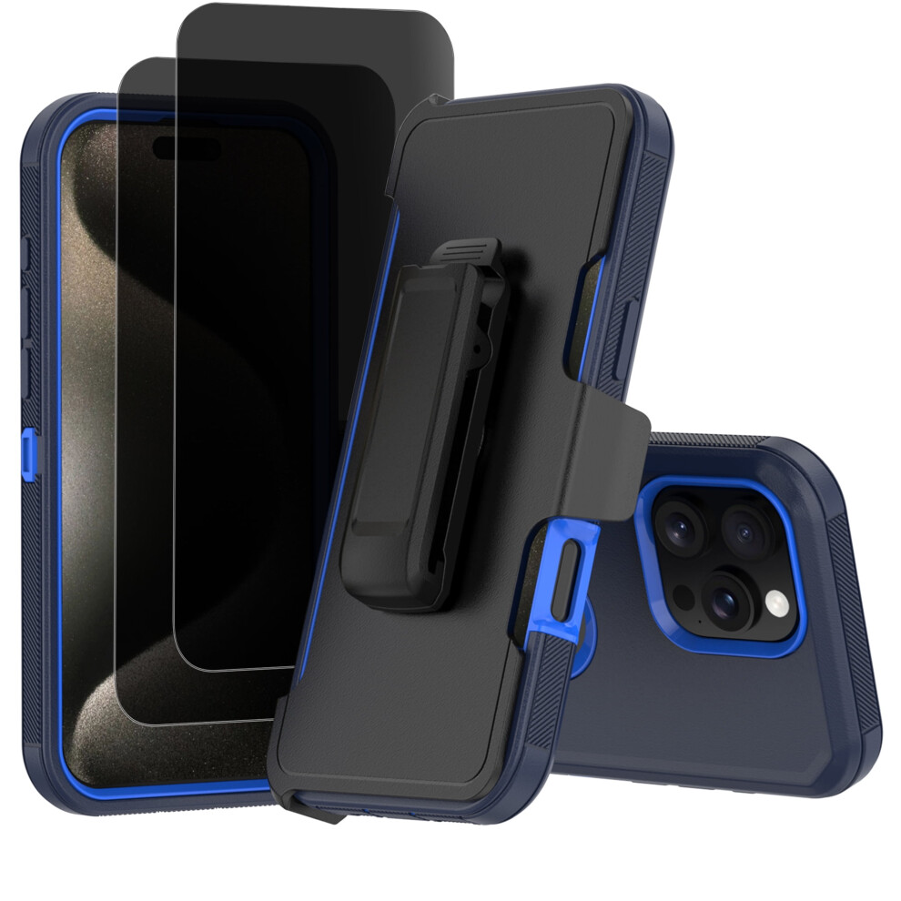 Heavy Duty Shockproof & Dustproof Case For Iphone 16 Pro Max With Privacy Tempered Glass & Belt Clip Â Dark Blue 9165521781065