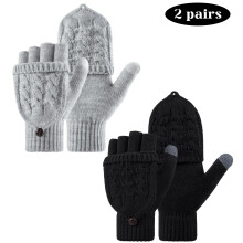 Winter Fingerless Gloves Wool Convertible Flip Top 2 Pcs