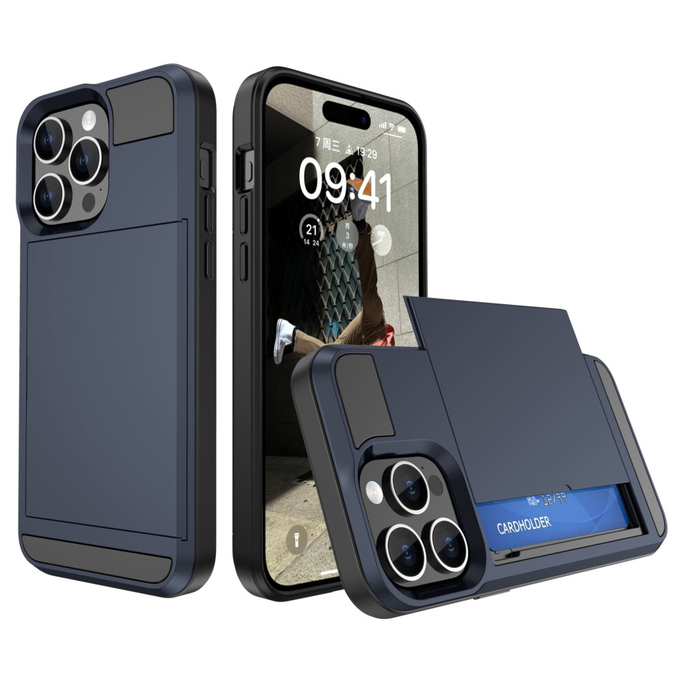 Iphone 14 Case With Id Card Holder, Dual-Layer Shockproof Slim Hard Shell, Hidden Sliding Slot, Anti-Scratch Â Dark (Compatible With Iphone 14) Blue 9401284736257