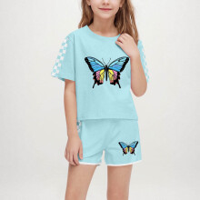 Butterfly and Checkered Sleeve Outfit Sets for Girls Boys - Soft Breathable Summer 2-Piece Shorts and Top, Ages 5-14, Green
