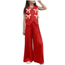 Girls 2 Piece Set Sleeveless Bow Top & Pleated Wide-Leg Pants, Kids Little Girl Matching Outfit for Party Casual 2-9 Years, Red,Size 7-8T