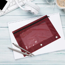 Transparent 3-Hole Pencil Case with Zipper, Large Capacity, Dark Red, 9.84x7.08", Compatible with Standard Binders