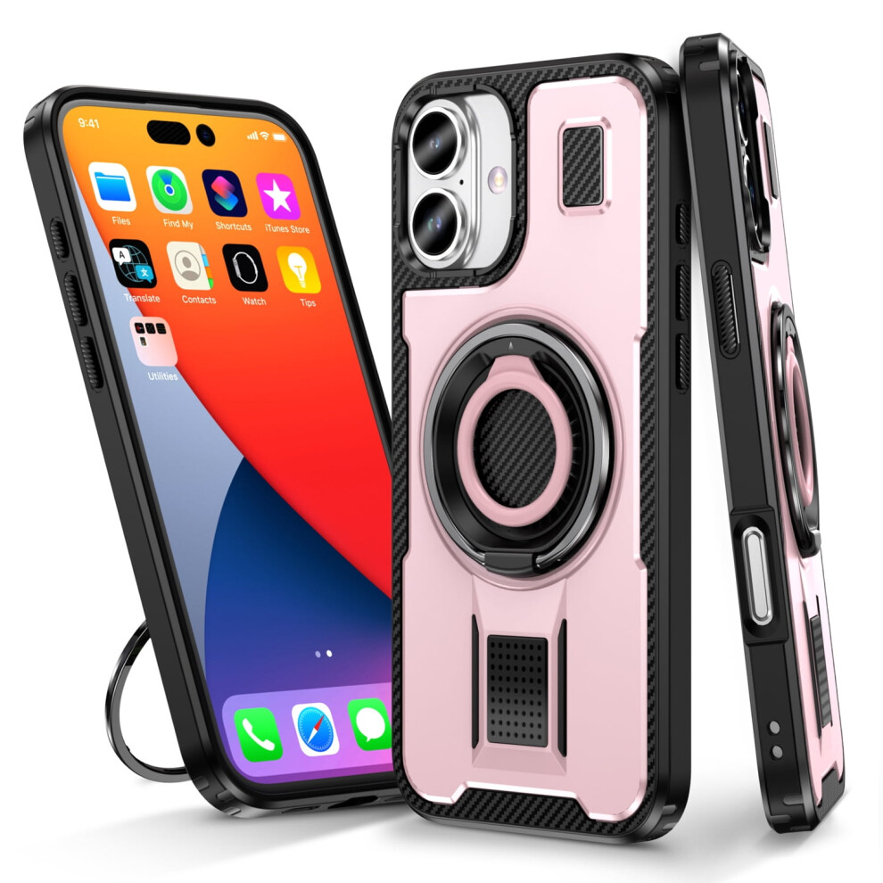 Iphone 16 Case With 360 Rotatable Ring Stand, Shockproof & Anti-Fingerprint Rugged Cover Â Pink 9132278020679