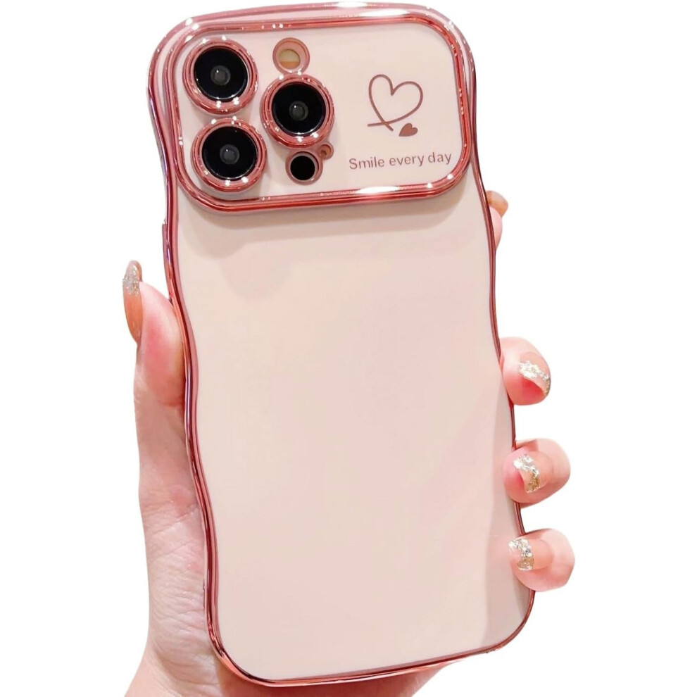 Cute Wave Frame Iphone 15 Pro Max Case For Women Â Love Heart, Raised Camera, Luxury Plating & Shockproof (Compatible With Iphone 15 Pro Max) Pink 9405492412293