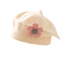 Kids Beret Hat Toddler Winter Knitted Beanie Cap with Cute Flower Little Girls French Hat Beige Free Size