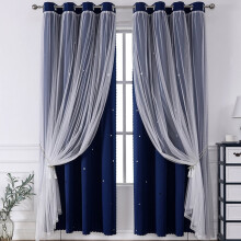 2pcs Navy Blue Double-Layer Sheer & Blackout Curtains, Lace Sunshade Star Design, 132x160cm for Living Room/Bedroom